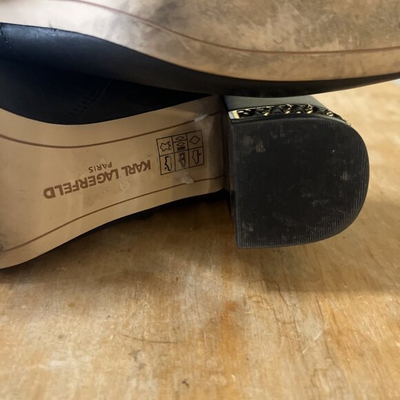 Karl Lagerfeld Paris Leather Heel Booties SZ 9.5 Black 3 In Heel Chain Decor - Picture 11 of 14